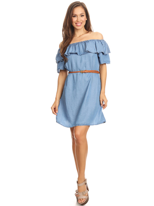 Womens Off Shoulder Comfy Casual Ruffle Short Denim Slip Dress