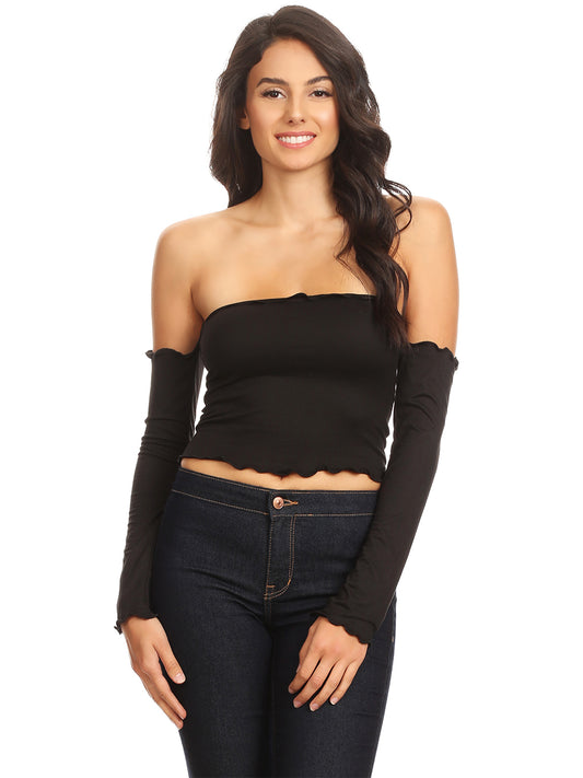 Slim Fit Chic Long Sleeve Off Shoulder Ruffle Crop Top