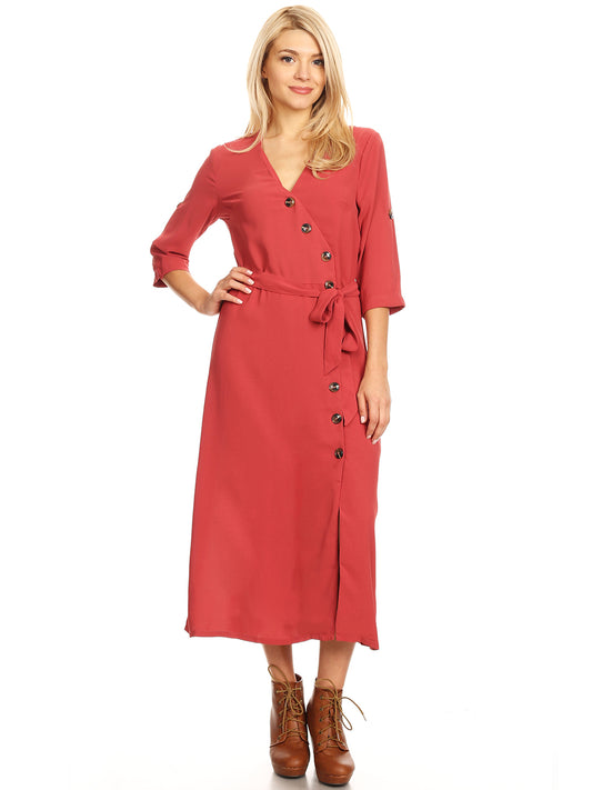 Button Front Belt-Tie Sleeve Dress