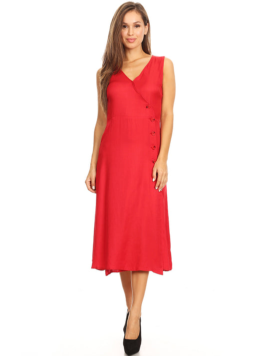 V-Neck Button Sleeveless Midi Swing Dress