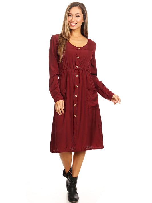 Long-Sleeve Button Down Swing Dress