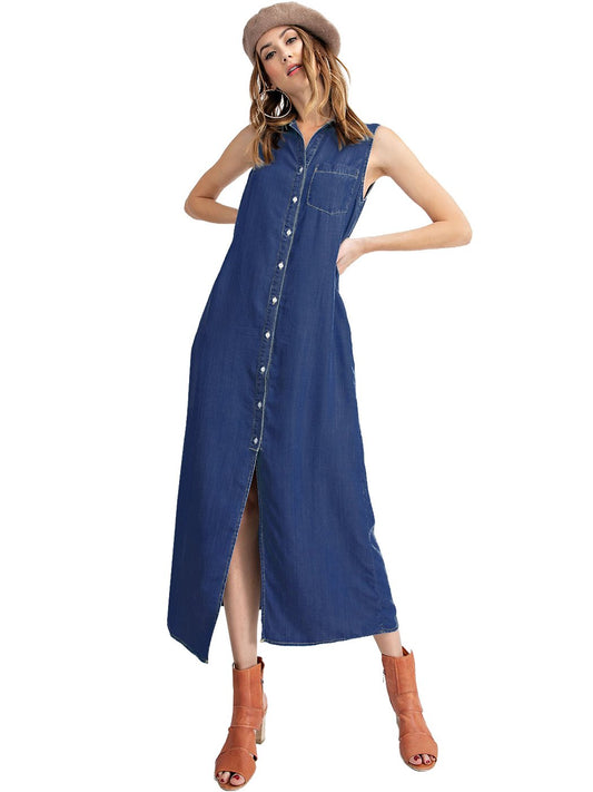 Classic Button-Down Collar Denim Shirt Dress