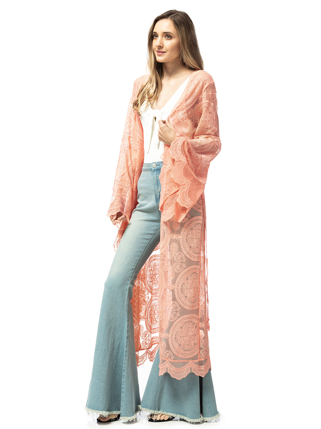 Lace Embroidered Kimono Swimsuit Cover-Up