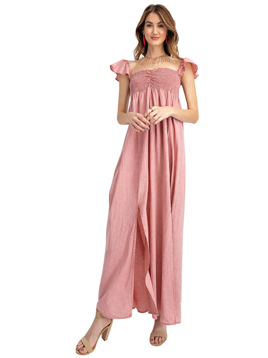 Ruffled Cap Sleeve Maxi Slit Dress