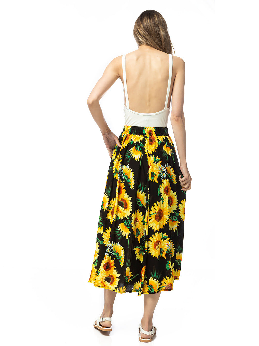 High-Waisted Pleated Sunflower Maxi Skirt