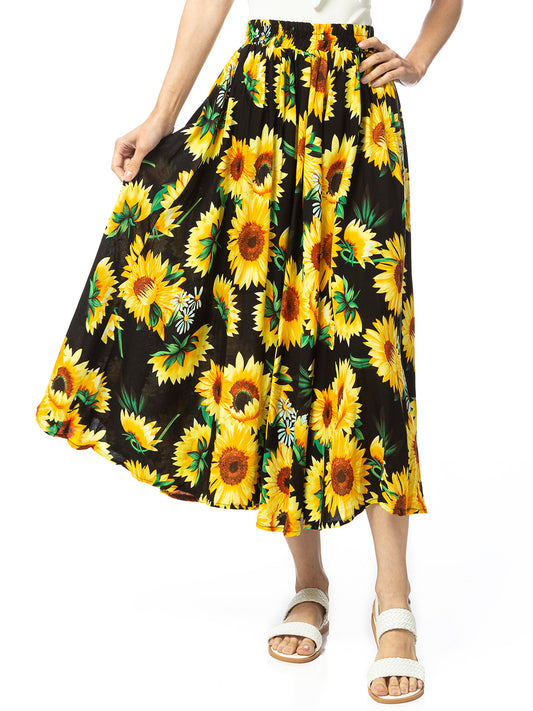 High-Waisted Pleated Sunflower Maxi Skirt