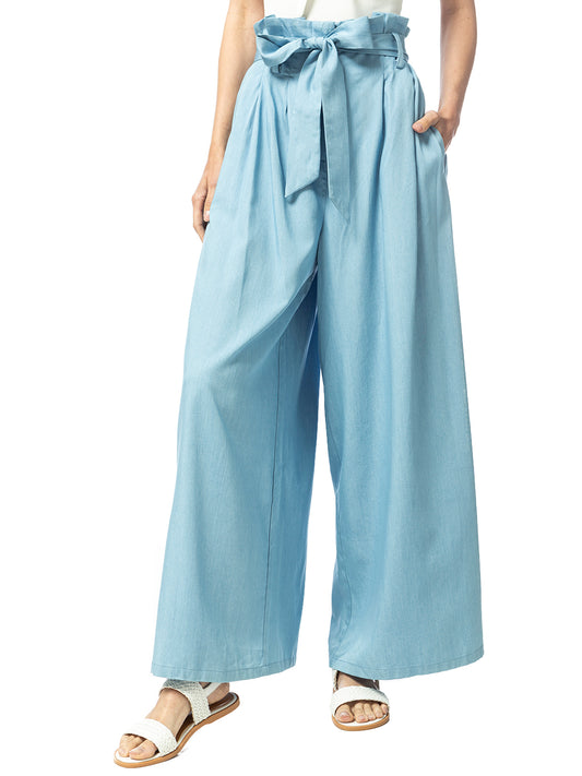 Chambray Tie Wide-Leg Palazzo Jeans