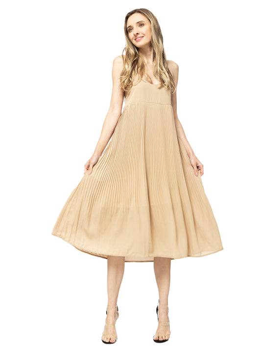 Spaghetti Strap Pleated Midi Dress