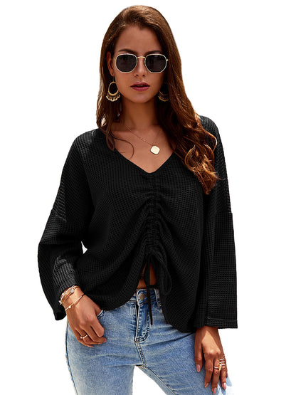 Waffle-Knit Ruched Sleeve Top