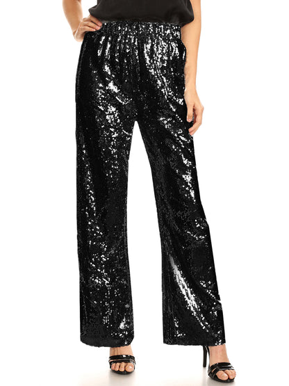 Stretch Waist Sparkly Sequin 70s Disco Flare Wide Leg Pants