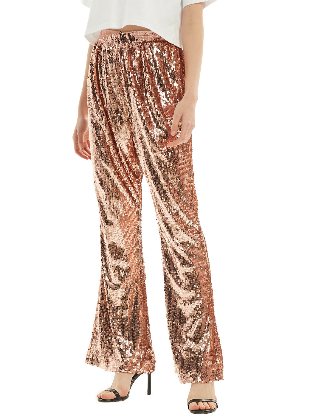 Stretch Waist Sparkly Sequin 70s Disco Flare Wide Leg Pants