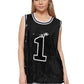 Sparkle Glitter Hip Hop Number 1 T-Shirt Top Blouse Tunic Sequins Basketball Tank Vests