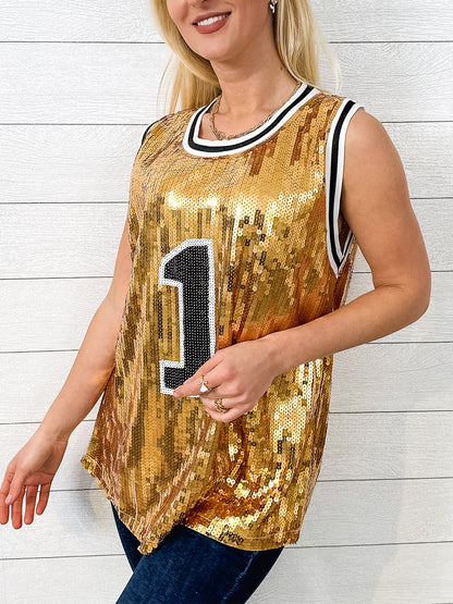 Sparkle Glitter Hip Hop Number 1 T-Shirt Top Blouse Tunic Sequins Basketball Tank Vests