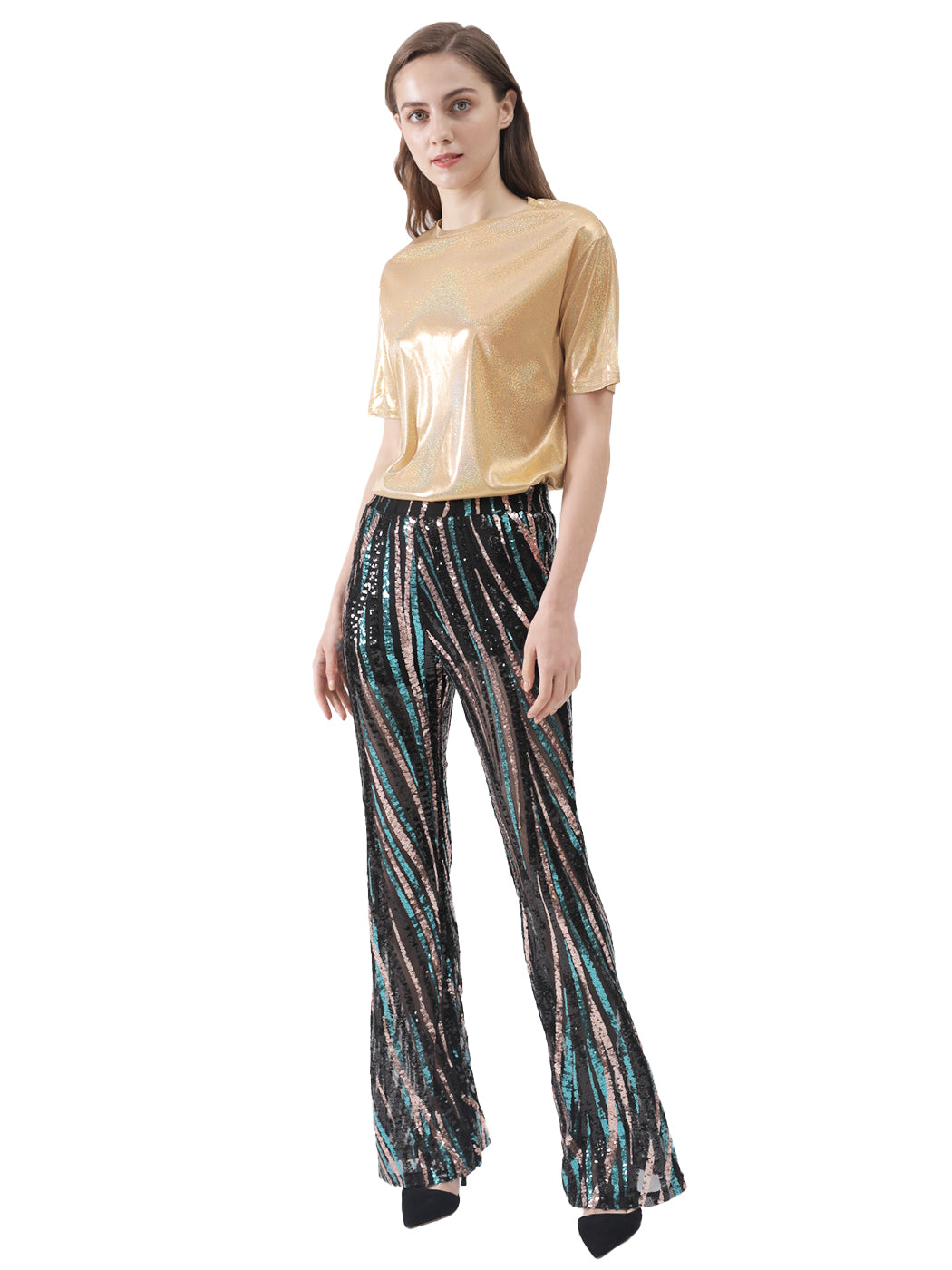 Sequin Pants Wide Leg High Waist Colorful Disco Party Trousers