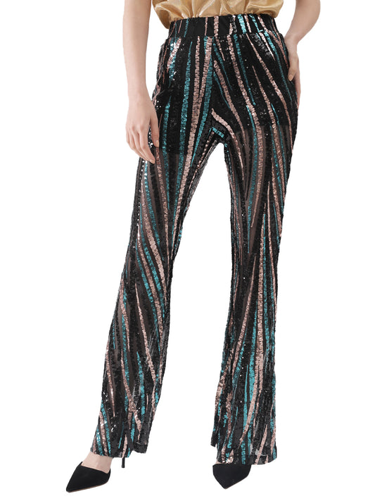 Sequin Pants Wide Leg High Waist Colorful Disco Party Trousers