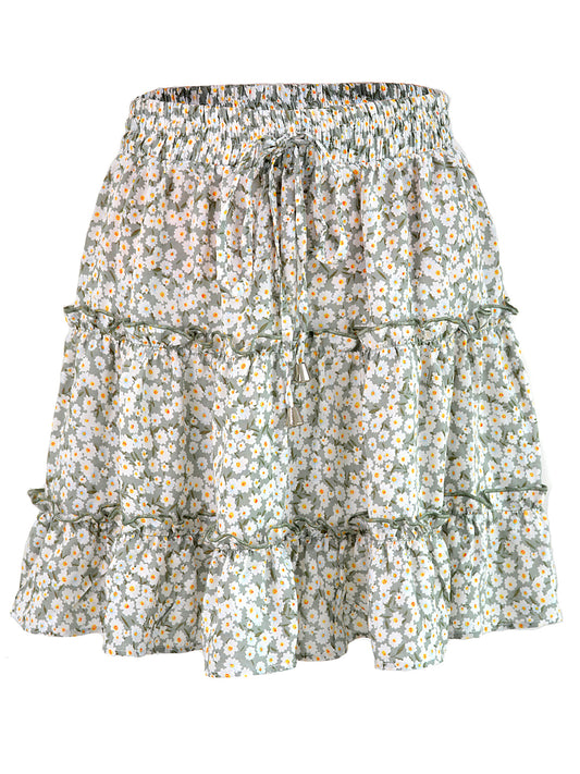 Summer Boho Floral Printed Elastic Waist Drawstring Frill Trim Ruffle Mini Skirts