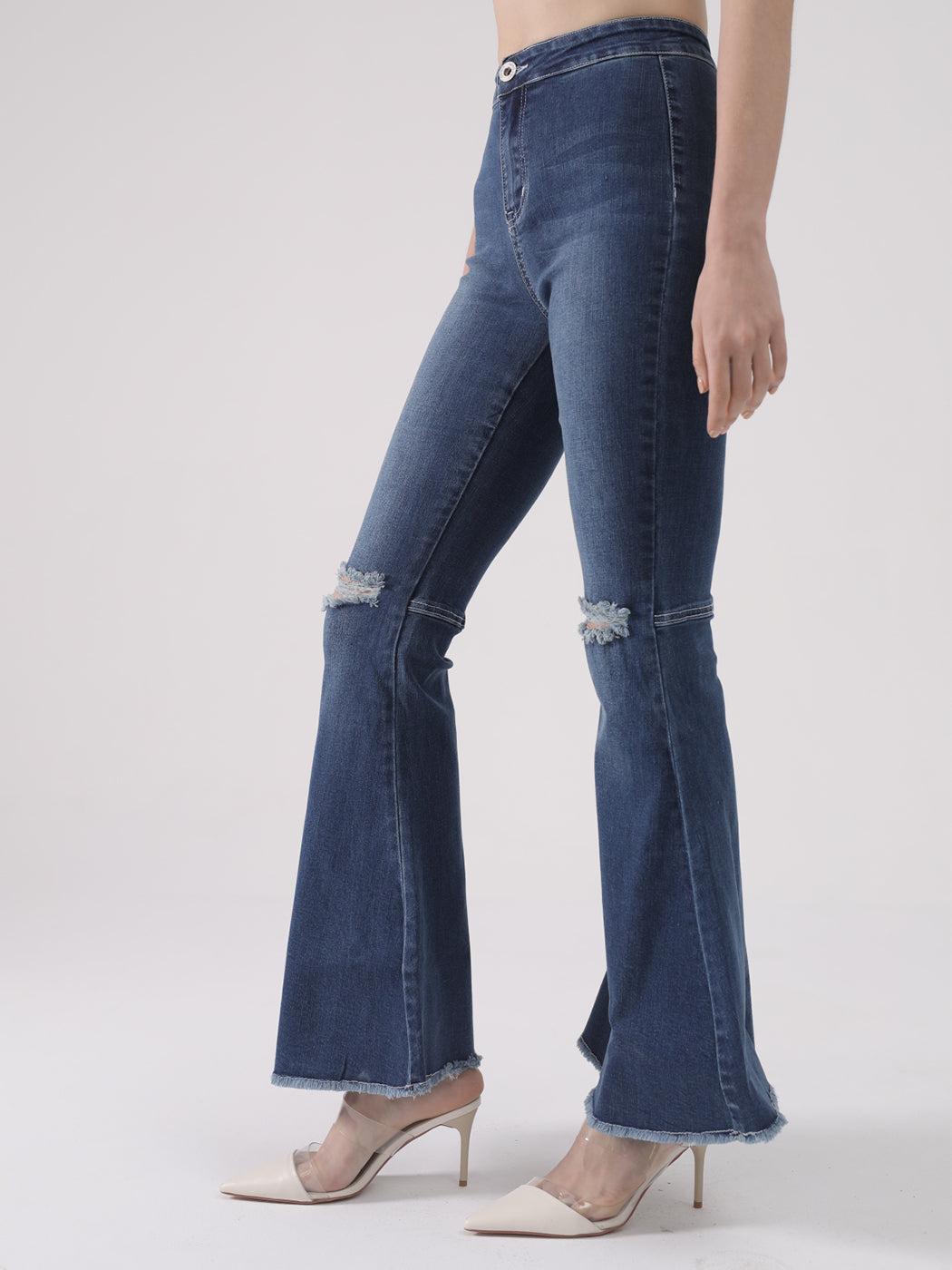 Distressed High Waist Classic Denim Bell Bottom Jeans