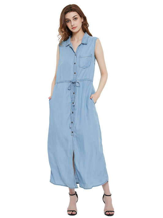 Adjustable Belt Sleeveless Button Down Denim Pocket Shirt Dress