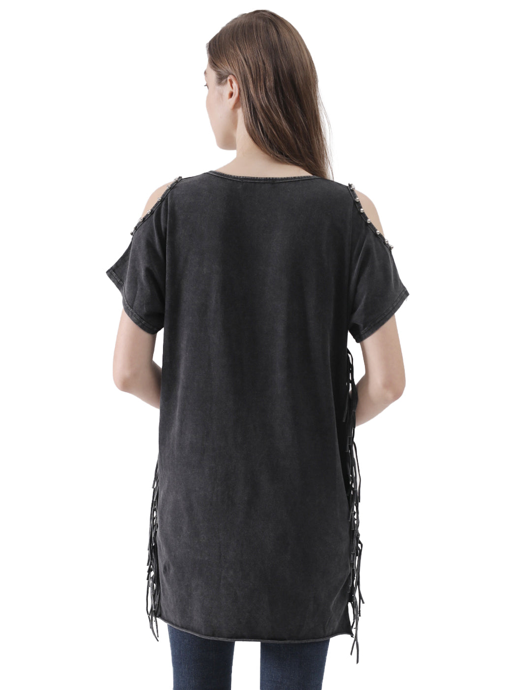 Womens Short Sleeve Cold Shoulder Ripped Distressed Top T-Shirt Blouse