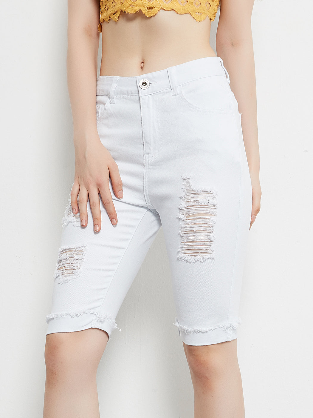 Juniors High Waist Ripped Holes Distressed Short Denim Jeans