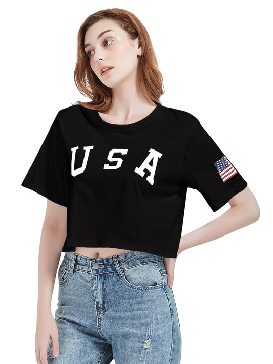 Letter Print Crop Top Short Sleeve July 4th USA Flag T-Shirt