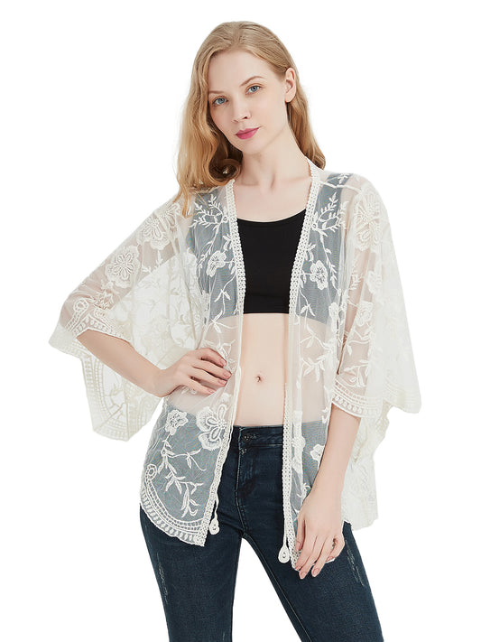 Womens Short Embroidered Lace Kimono Crop Cardigan with Half Sleeves