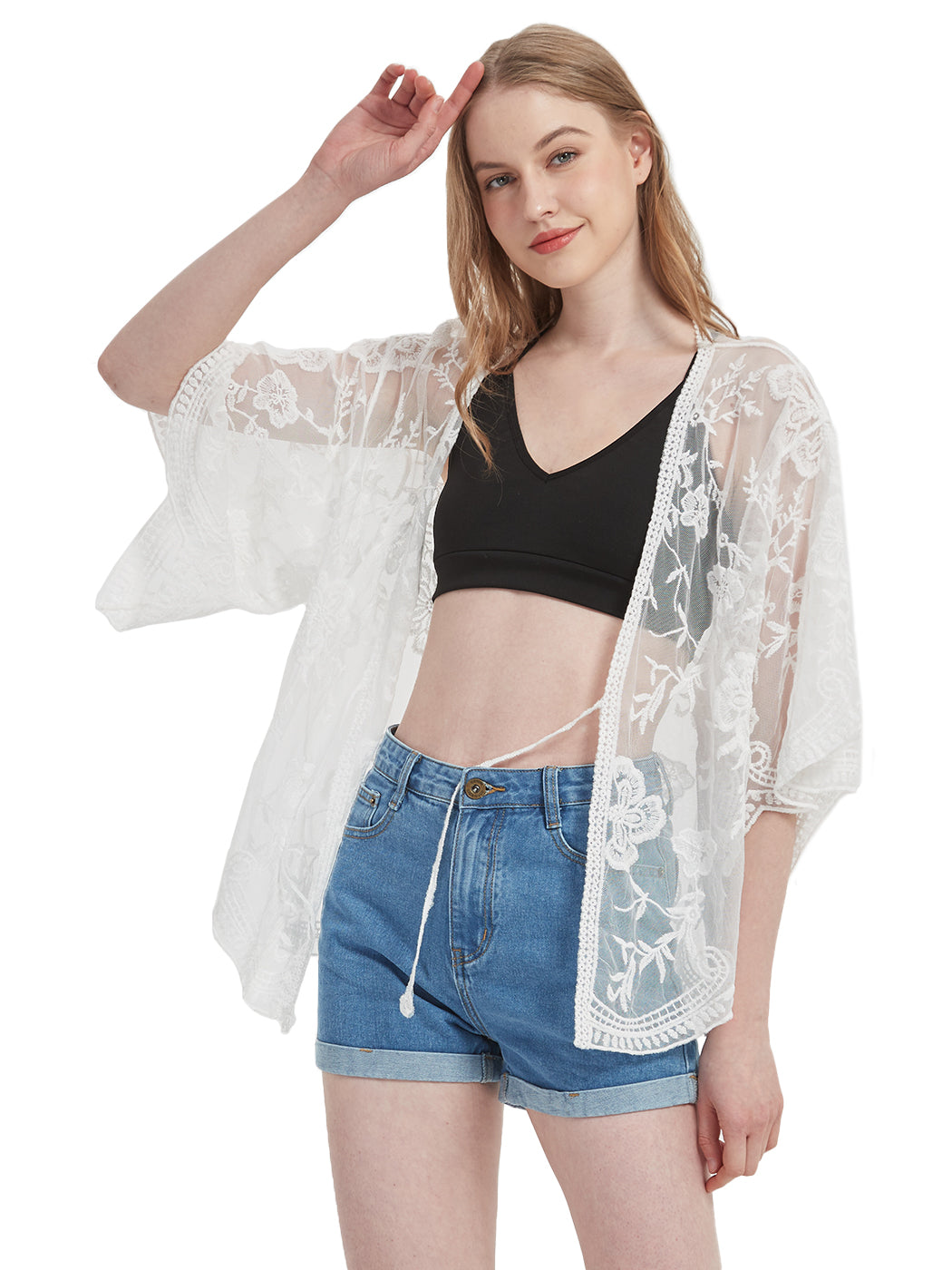 Womens Short Embroidered Lace Kimono Crop Cardigan with Half Sleeves