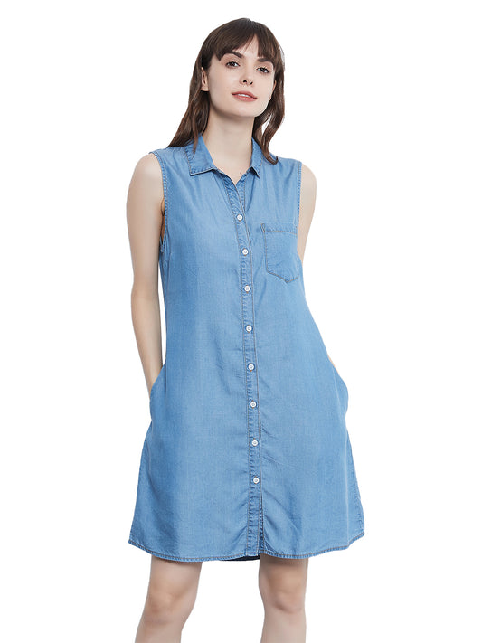 Classic Sleeveless Blue Jean Button Down A-Line Pocket Collar Shirt Dress