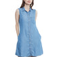 Classic Sleeveless Blue Jean Button Down A-Line Pocket Collar Shirt Dress