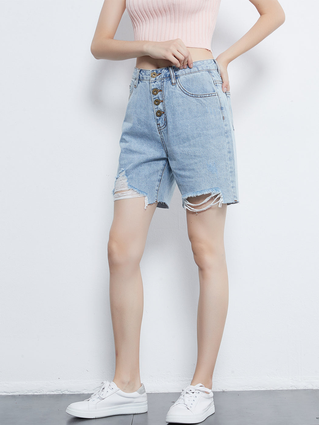 Ripped Denim Jean Shorts with Pockets