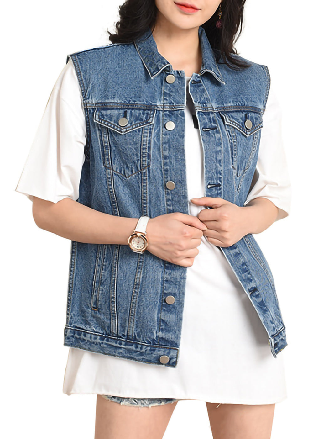 Loose Sleeveless Button up Jean Denim Jacket Vest