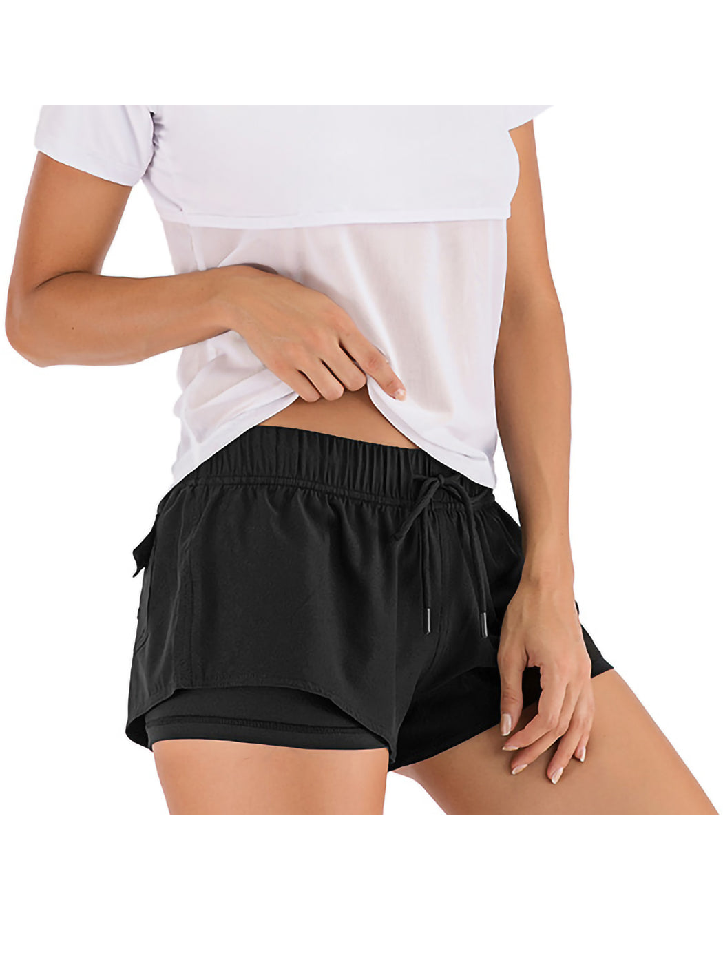 Yoga Running Shorts Sport Fitness Elastic Double Layer with Drawstring