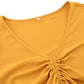 Casual Long Sleeve V Neck Ribbed Ruched Front Tie Crop Top Blouse