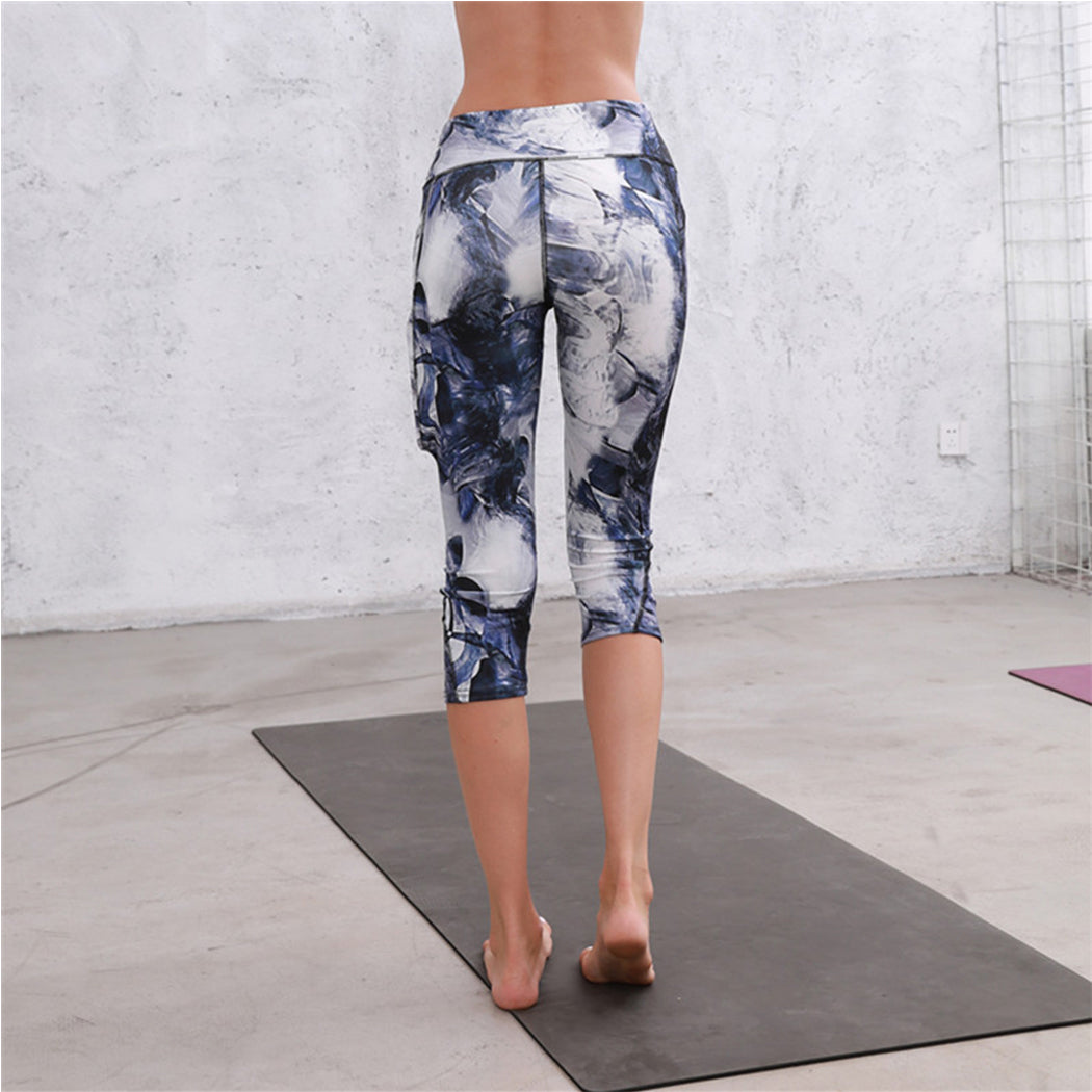 Printed High Waisted Blue White Yoga Gym Stretchy Capri Pants Leggings