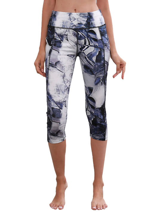 Printed High Waisted Blue White Yoga Gym Stretchy Capri Pants Leggings