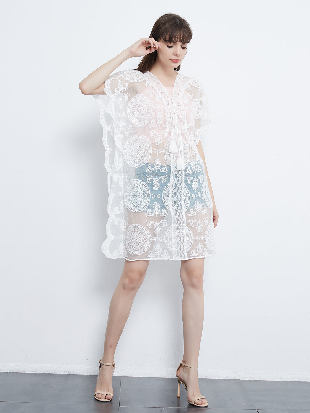 Embroidered Mesh Beach Cover Up Lace Sheer Midi Dress