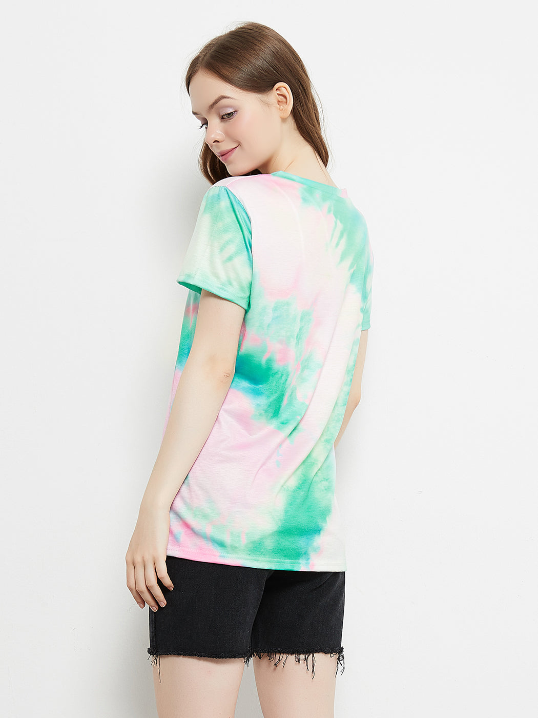 Tie Dye Printed Stripe V-Neck Stretch Short Sleeve Casual Loose Tops T-shirts