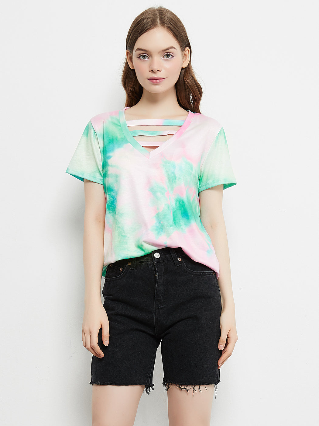 Tie Dye Printed Stripe V-Neck Stretch Short Sleeve Casual Loose Tops T-shirts