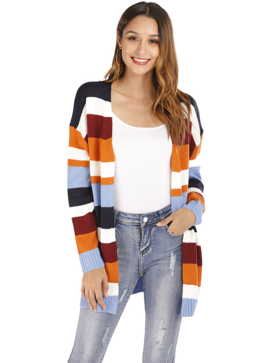 Striped Cardigan Knitted Kimono Long Sleeve Open Front Sweater