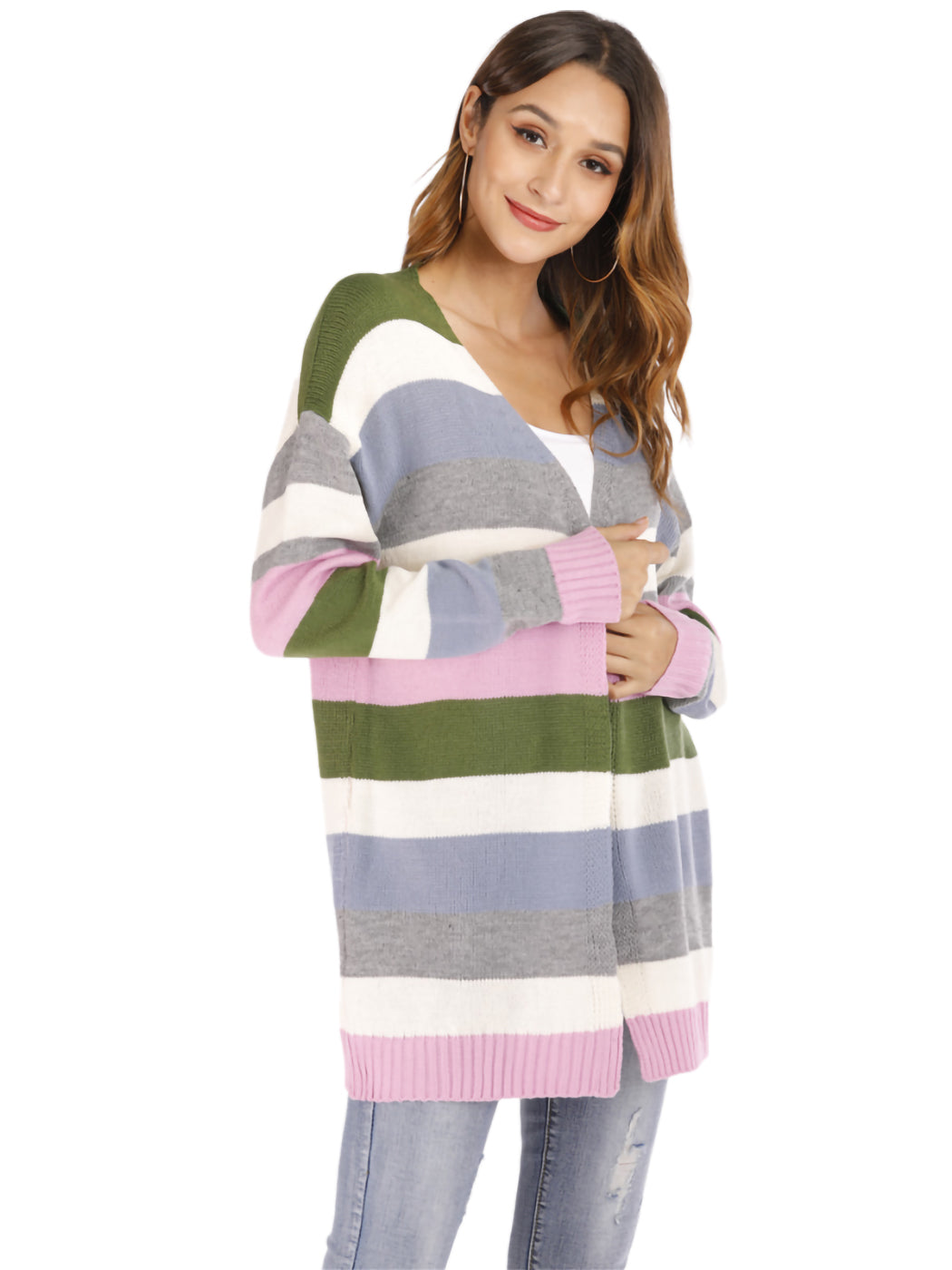 Striped Cardigan Knitted Kimono Long Sleeve Open Front Sweater