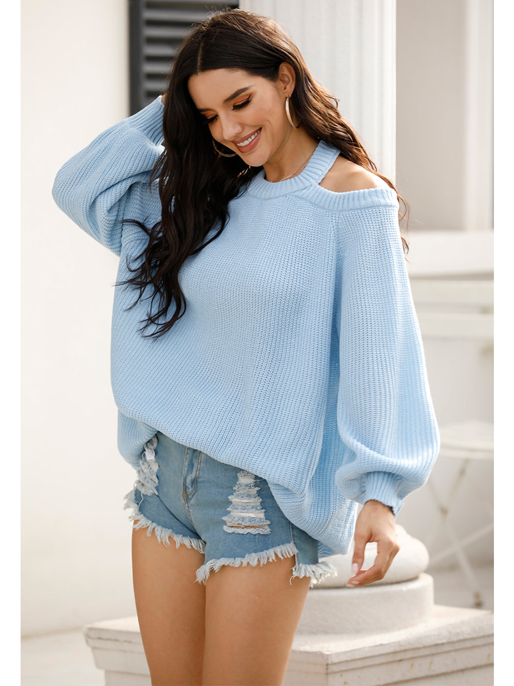 Halter Neck Knitted Pullover Sweater Off Shoulder Long Sleeve Loose Casual Blouse