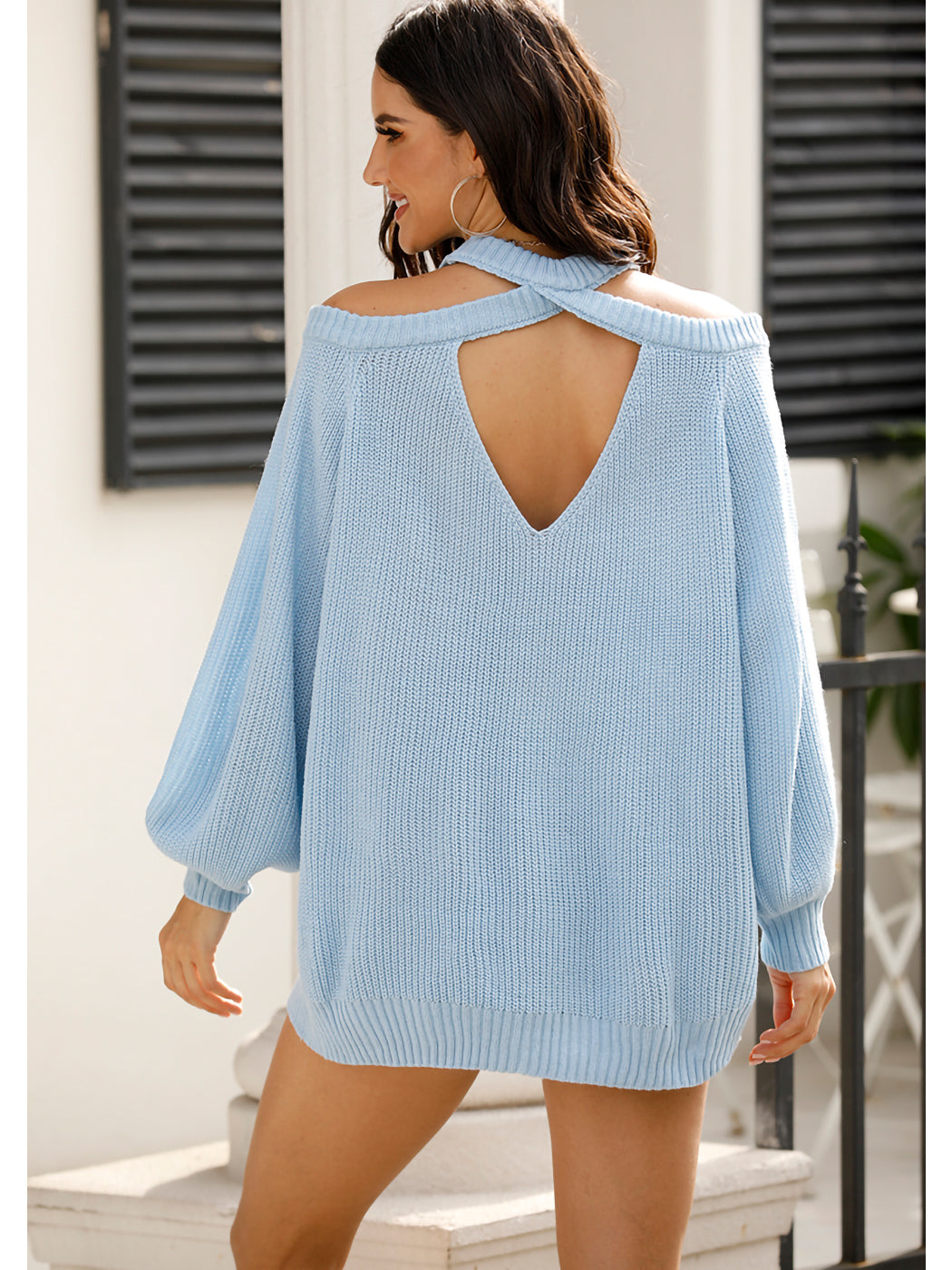 Halter Neck Knitted Pullover Sweater Off Shoulder Long Sleeve Loose Casual Blouse