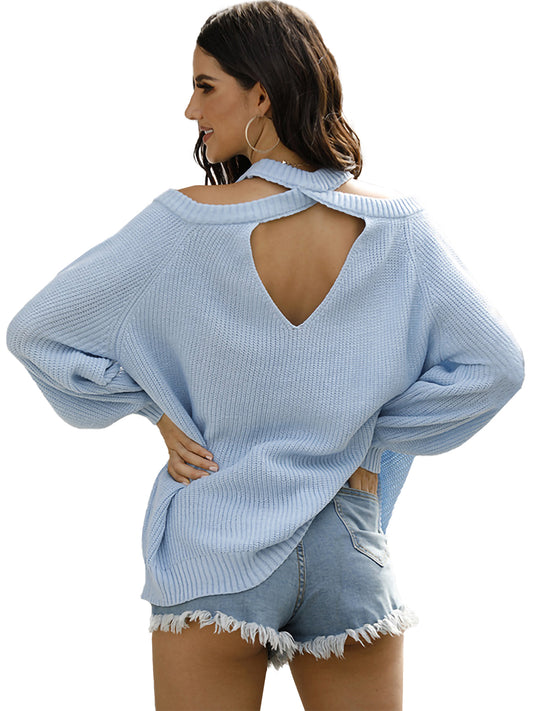 Halter Neck Knitted Pullover Sweater Off Shoulder Long Sleeve Loose Casual Blouse