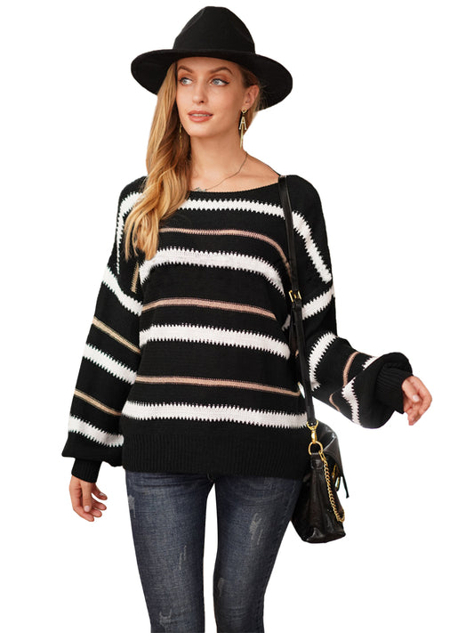 Sweaters Long Sleeve Crew Striped Oversized Knitted Pullover Tops