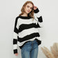 Women Striped Knitted Sweater Crew Neck Long Sleeve Casual Comfy Pullover Tops