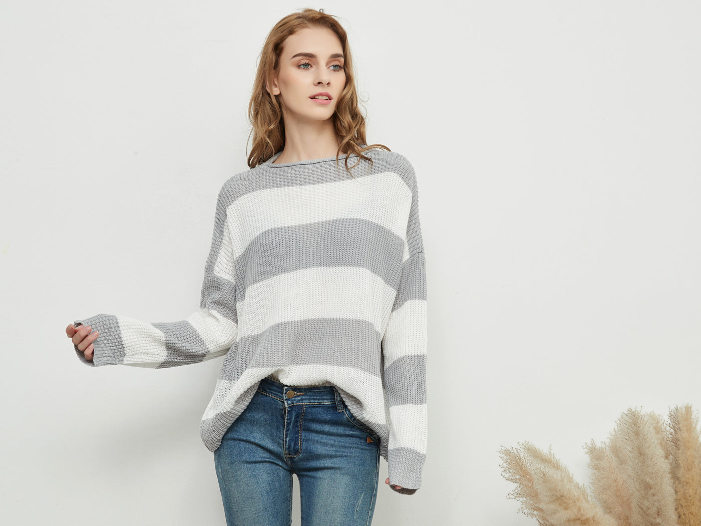 Women Striped Knitted Sweater Crew Neck Long Sleeve Casual Comfy Pullover Tops