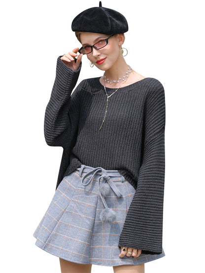Women Lantern Long Sleeve Round Neck Solid Color Pullover Knitted Sweater Tops