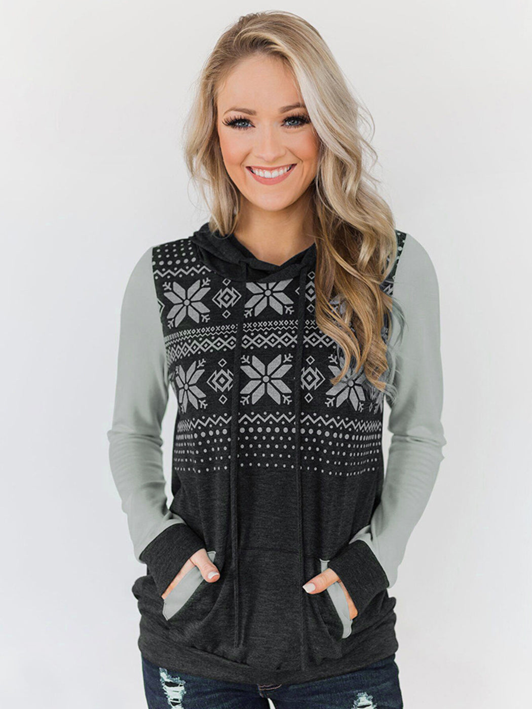 Women Christmas Snowflake Jumper Pullover Tops Printed Long Sleeve Sweatshirt Hoodies