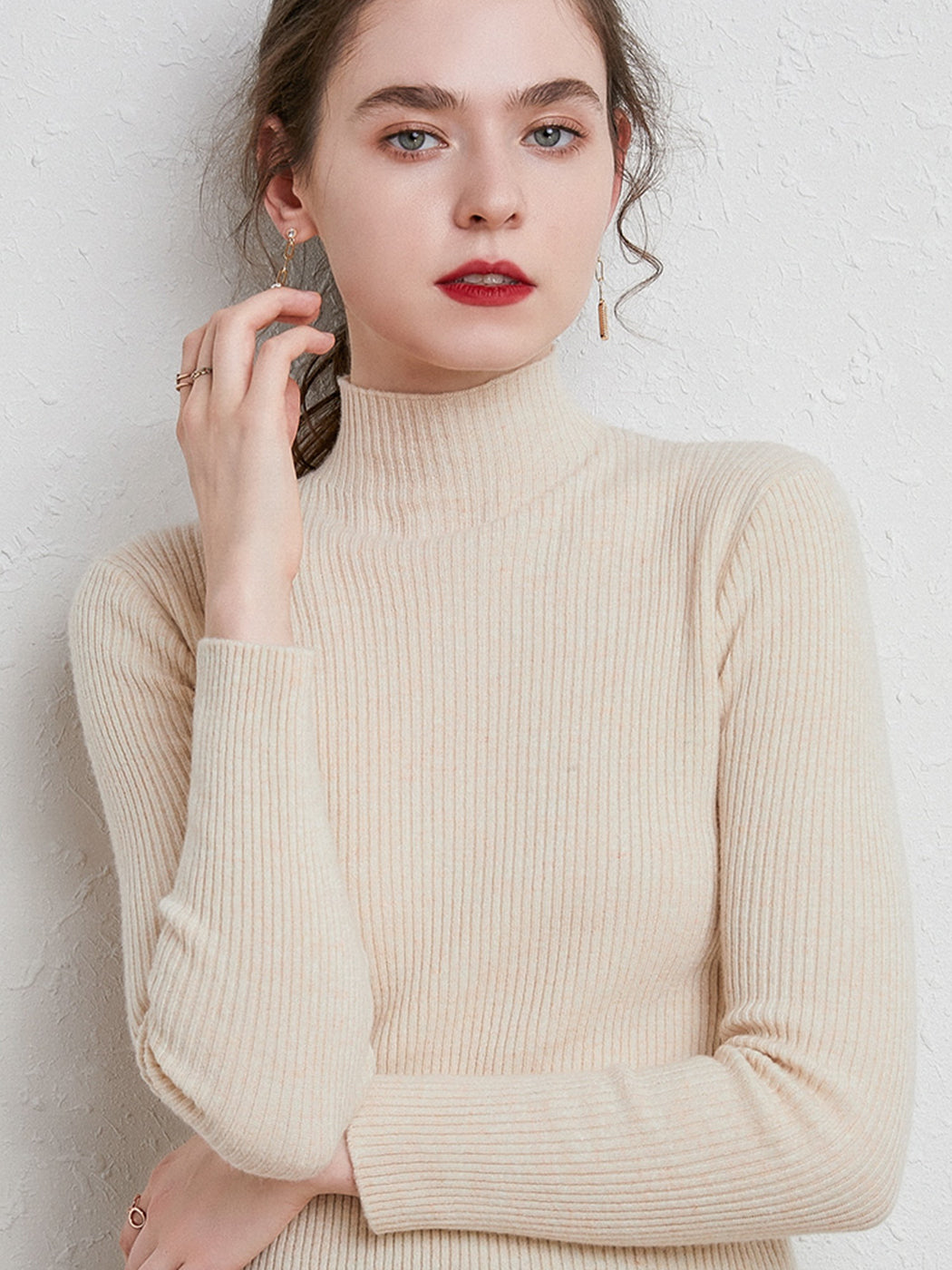 Knit Mock Turtle Neck Wool Stretch Long Sleeve Pullover Sweater