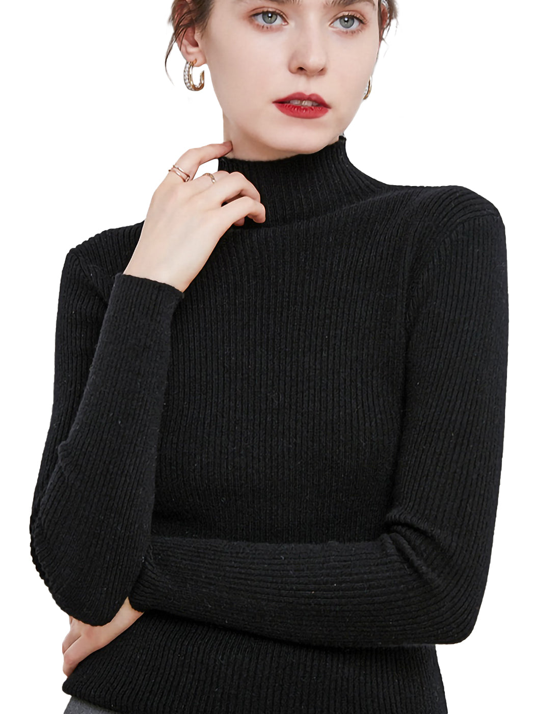 Knit Mock Turtle Neck Wool Stretch Long Sleeve Pullover Sweater